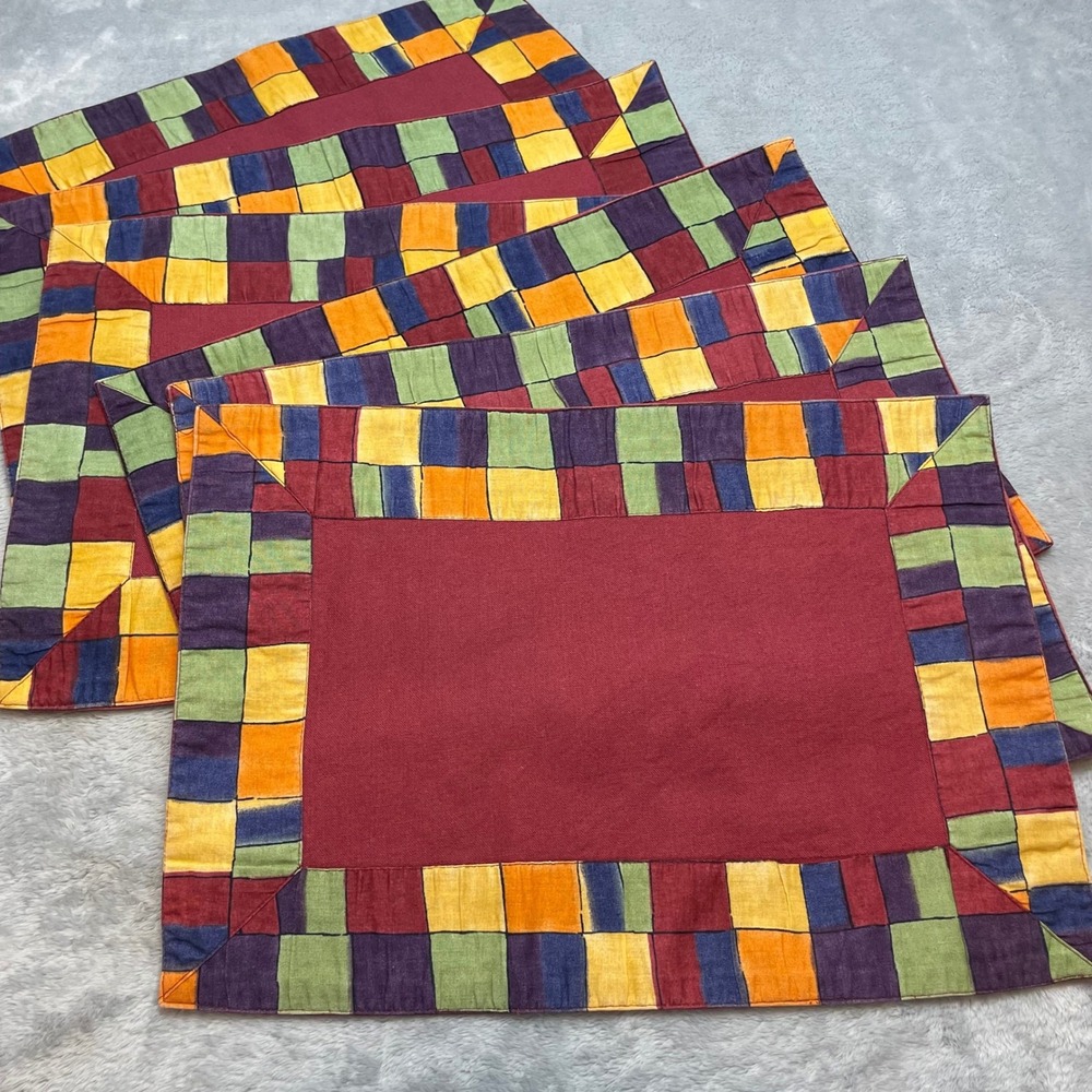 6 Boho Check Border Placemats 17.5x12.5 Red Multicolor Stained Glass Motif Artsy